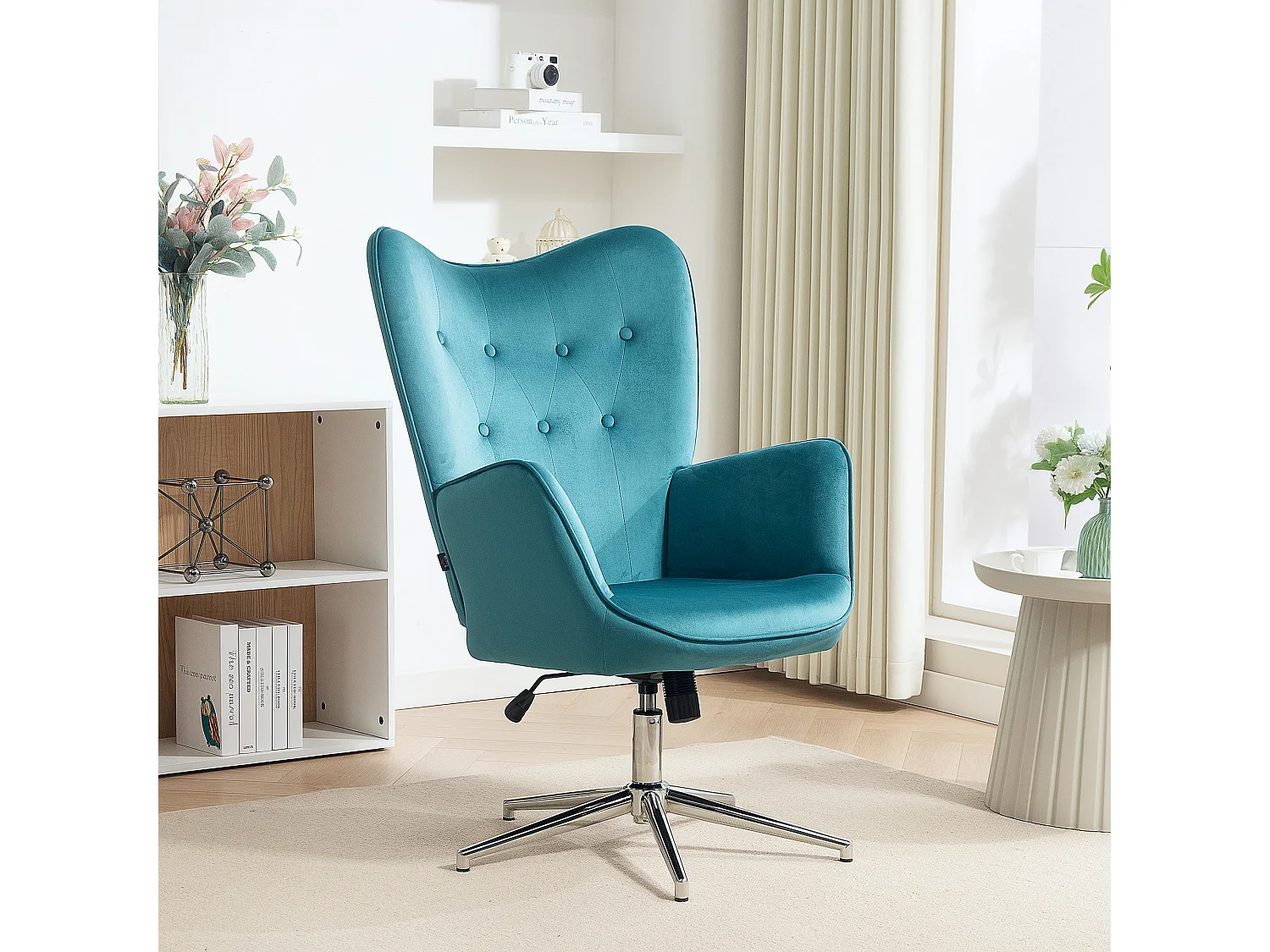 Fauteuil design Chesterfield effet capitonné hauteur réglable pivotant 360° piètement chromé velours bleu canard