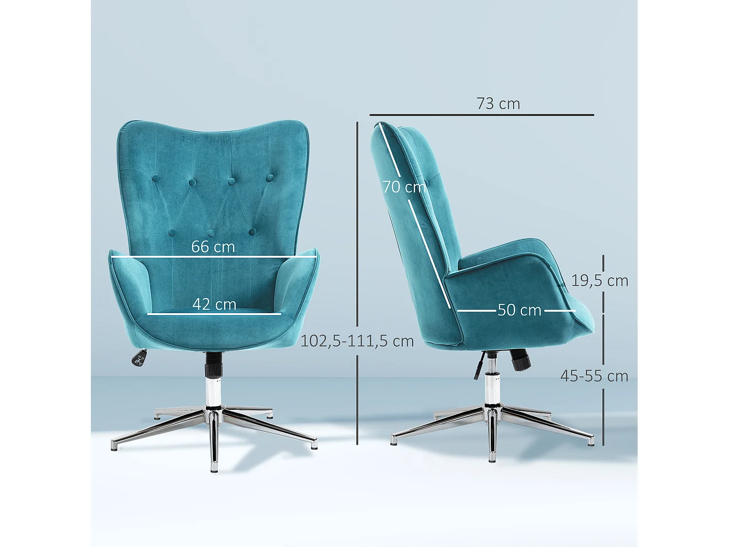 Fauteuil design Chesterfield effet capitonné hauteur réglable pivotant 360° piètement chromé velours bleu canard