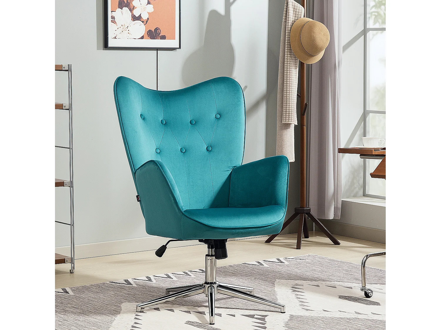 Fauteuil design Chesterfield effet capitonné hauteur réglable pivotant 360° piètement chromé velours bleu canard