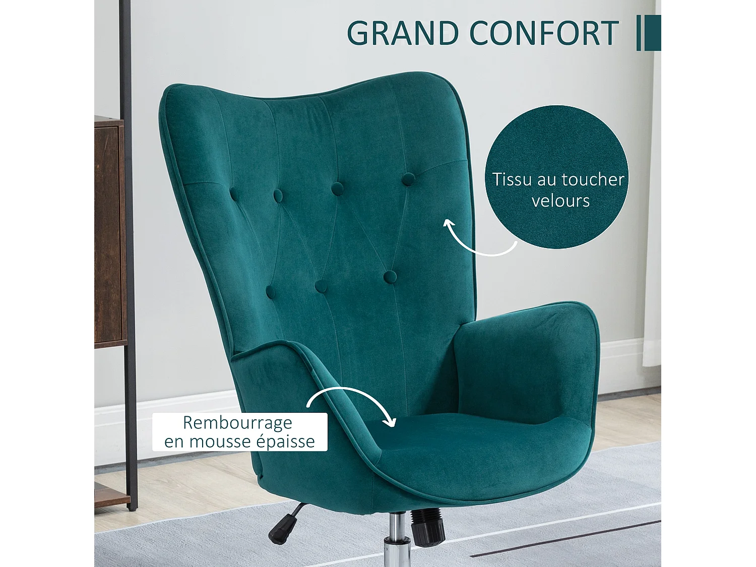 Fauteuil design Chesterfield effet capitonné hauteur réglable pivotant 360° piètement chromé velours bleu canard