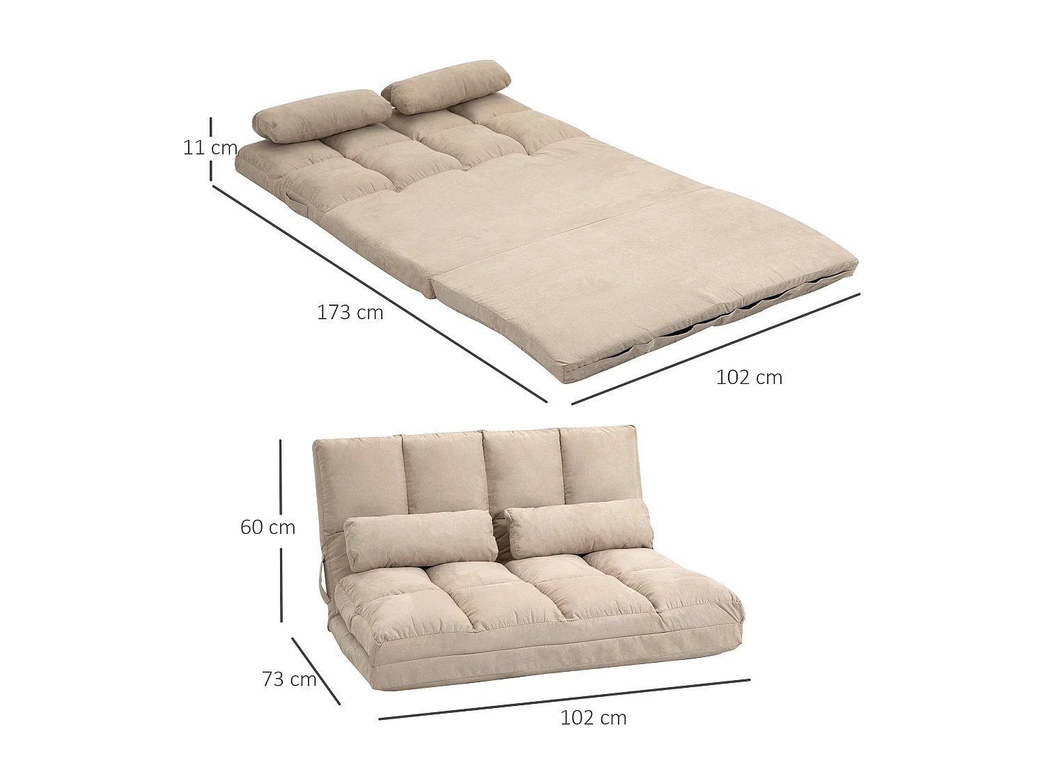 Chauffeuse - matelas d'appoint pliant - fauteuil convertible - inclinaison dossier réglable 14 positions - 2 coussins inclus - polyester aspect suédé beige