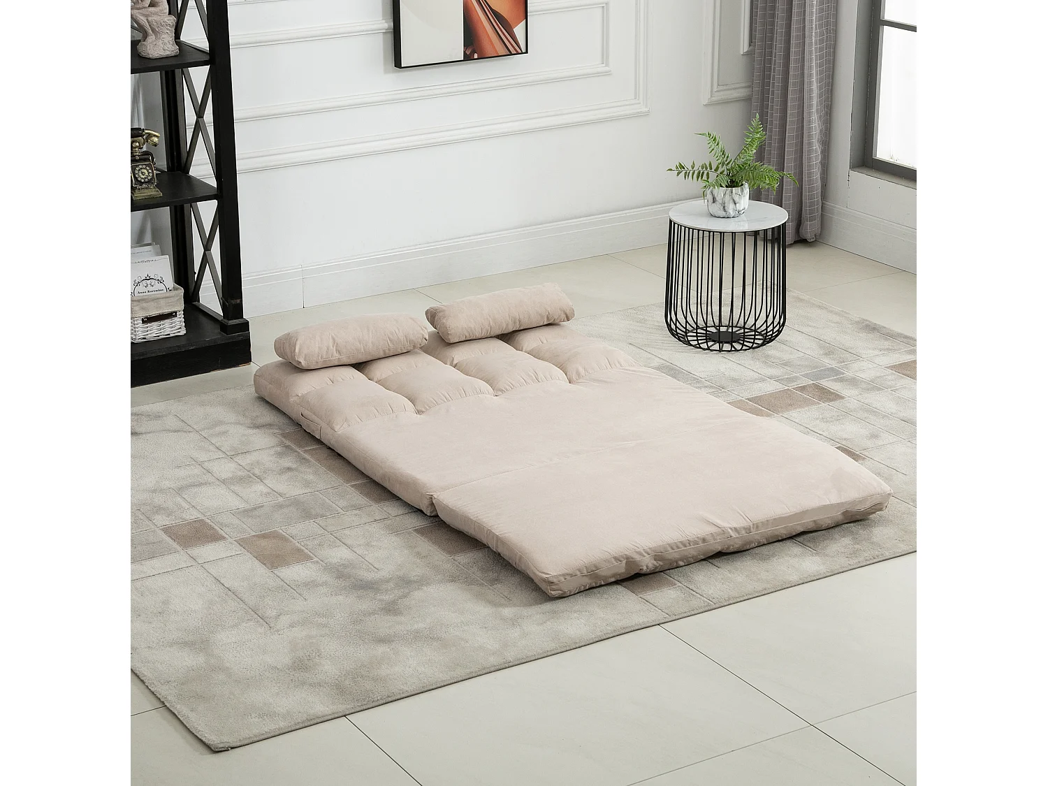 Chauffeuse - matelas d'appoint pliant - fauteuil convertible - inclinaison dossier réglable 14 positions - 2 coussins inclus - polyester aspect suédé beige