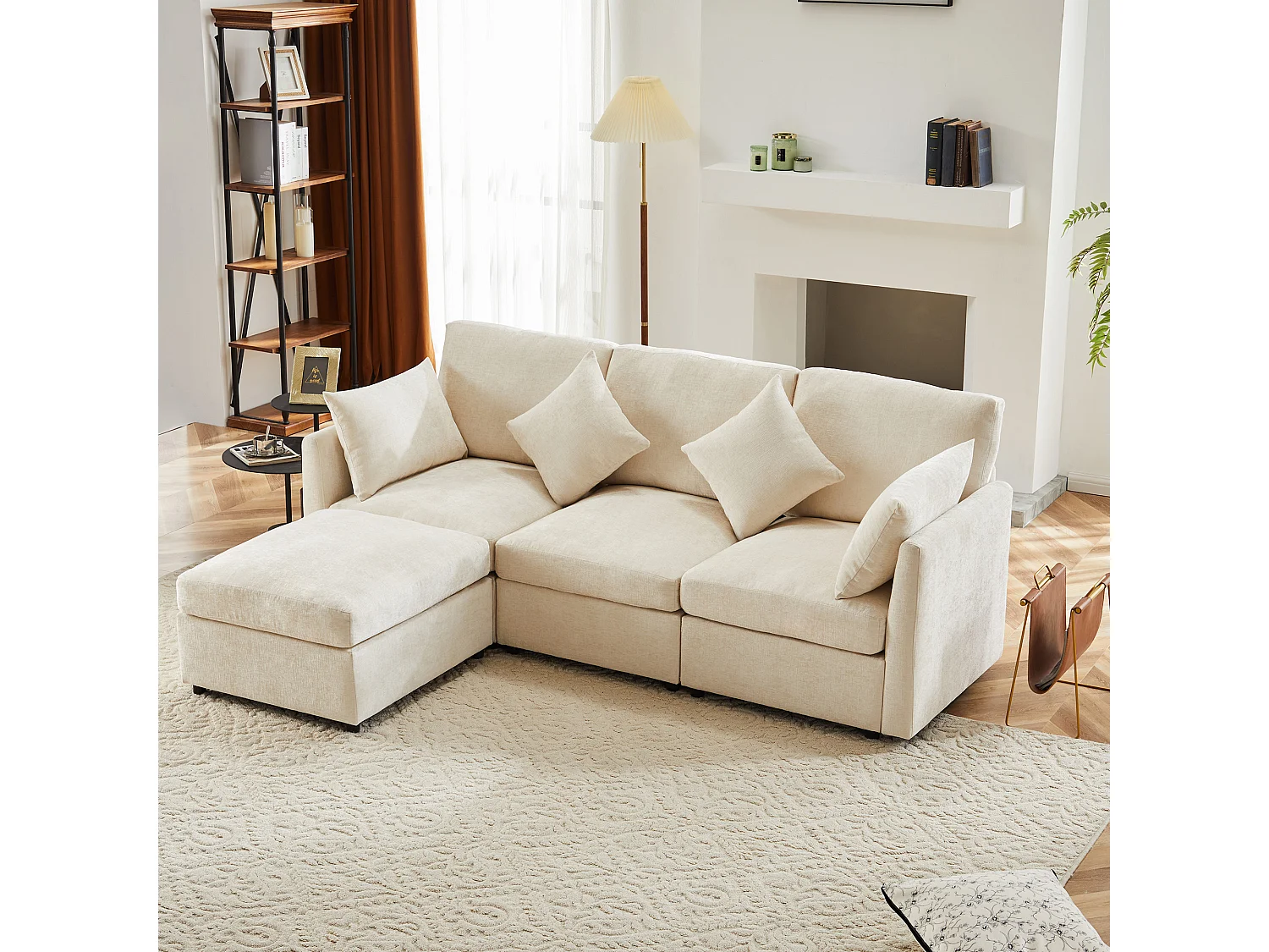 Sofá esquinero en forma de L de 4 plazas - 216 x 161 x 81 cm - con reposapiés - chenilla - beige