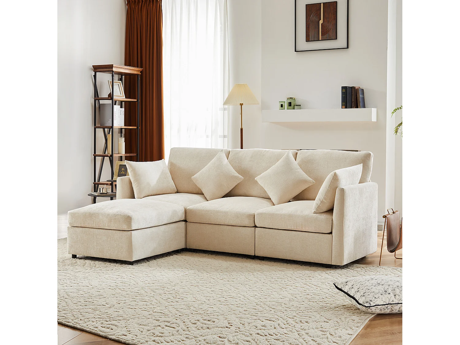 Divano angolare a L 4 posti - 216 x 161 x 81 cm - con poggiapiedi - ciniglia - beige