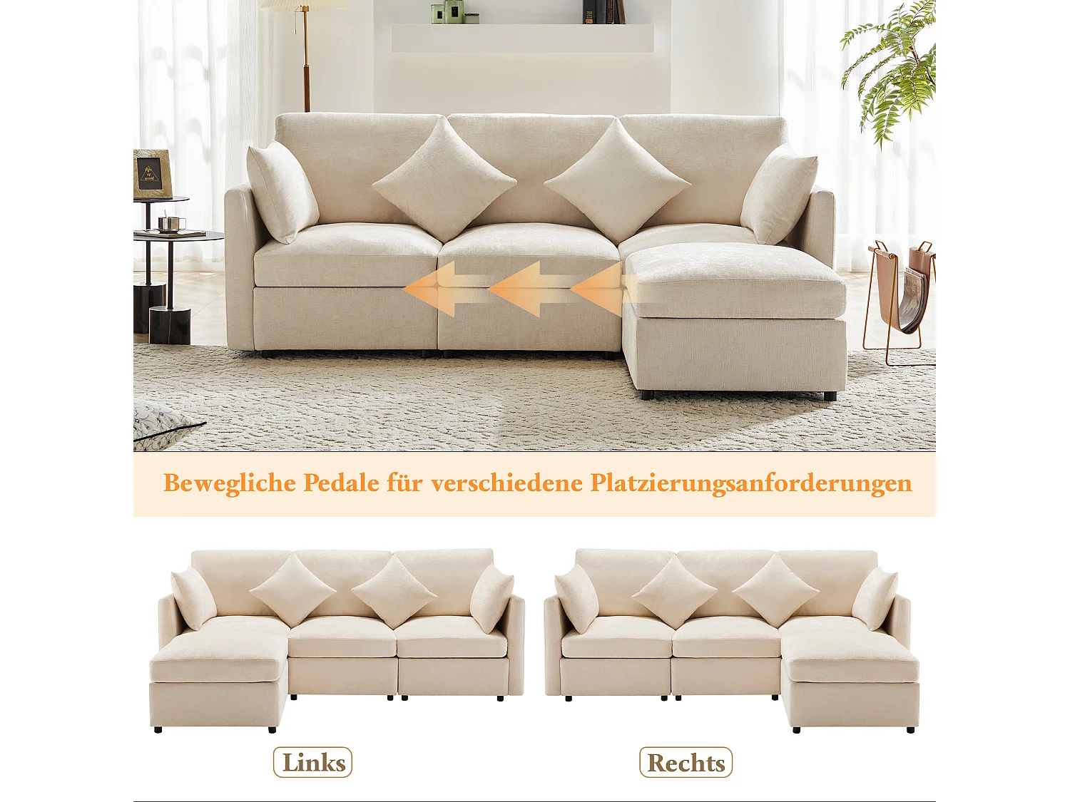 Divano angolare a L 4 posti - 216 x 161 x 81 cm - con poggiapiedi - ciniglia - beige