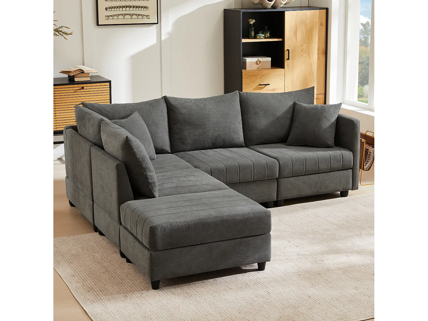 Canapé modulable 5 places - 220 x 194 x 85 cm - avec repose-pieds convertible - Coton et lin - gris