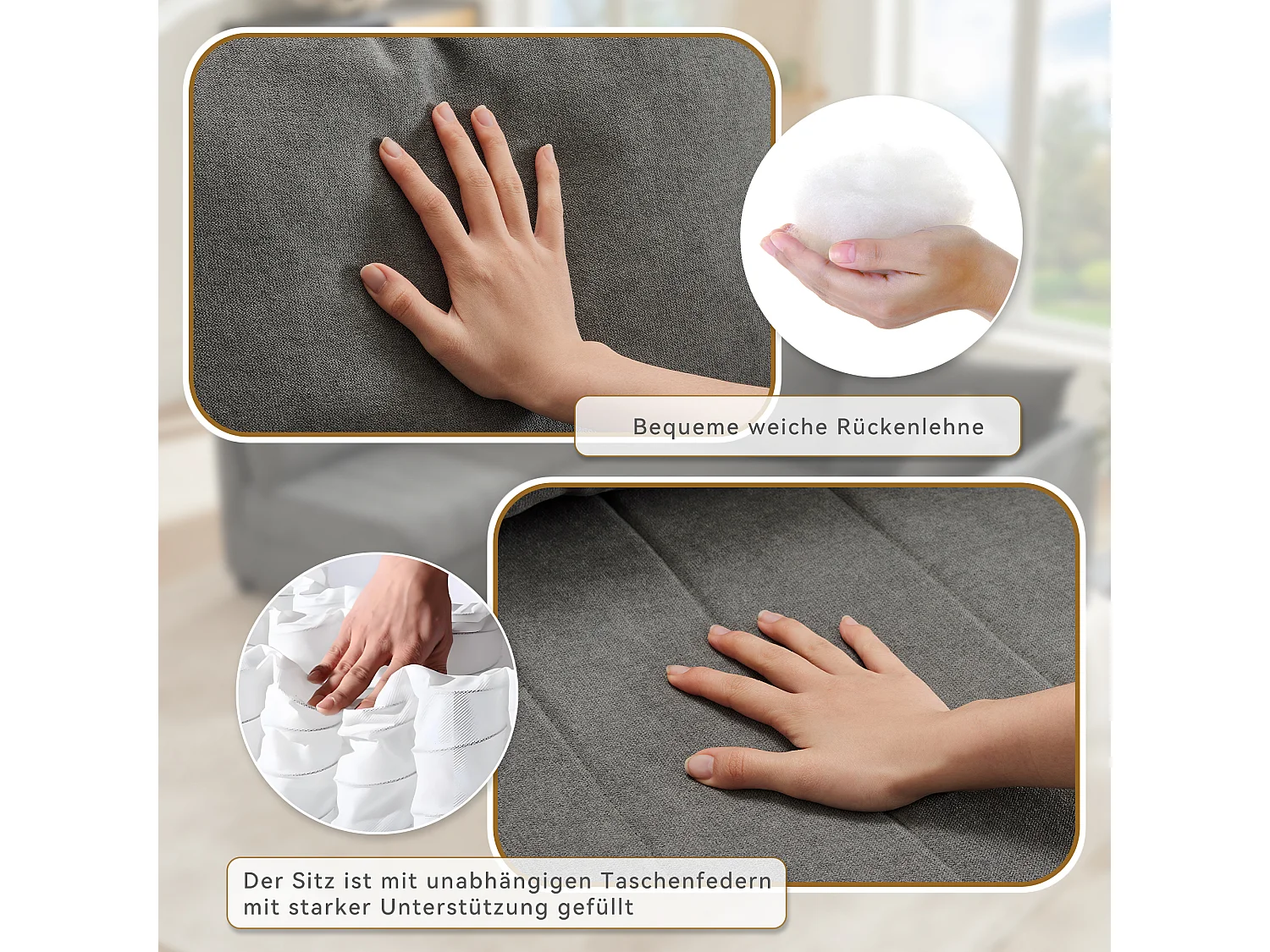 Canapé modulable 5 places - 220 x 194 x 85 cm - avec repose-pieds convertible - Coton et lin - gris