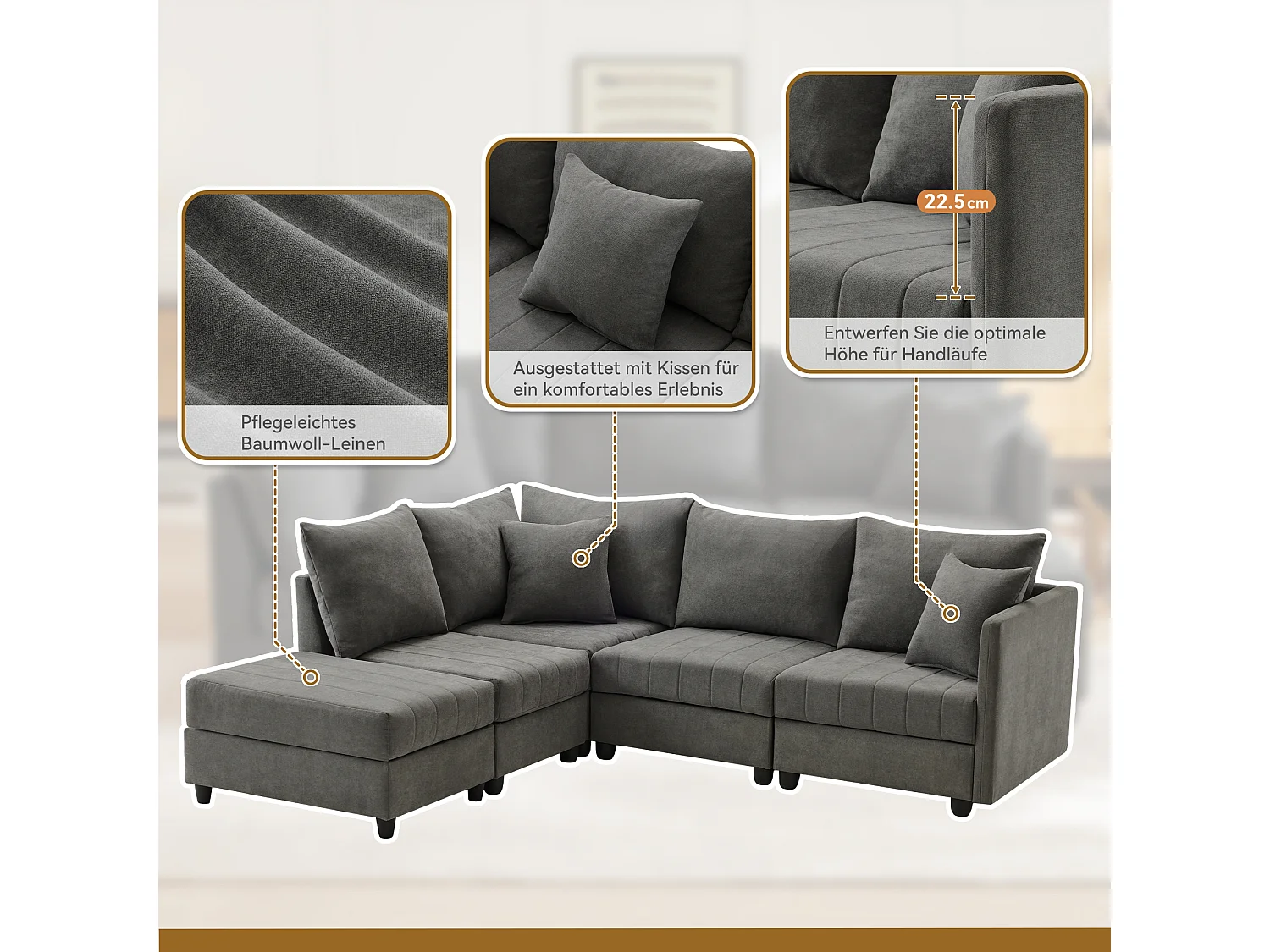 Canapé modulable 5 places - 220 x 194 x 85 cm - avec repose-pieds convertible - Coton et lin - gris