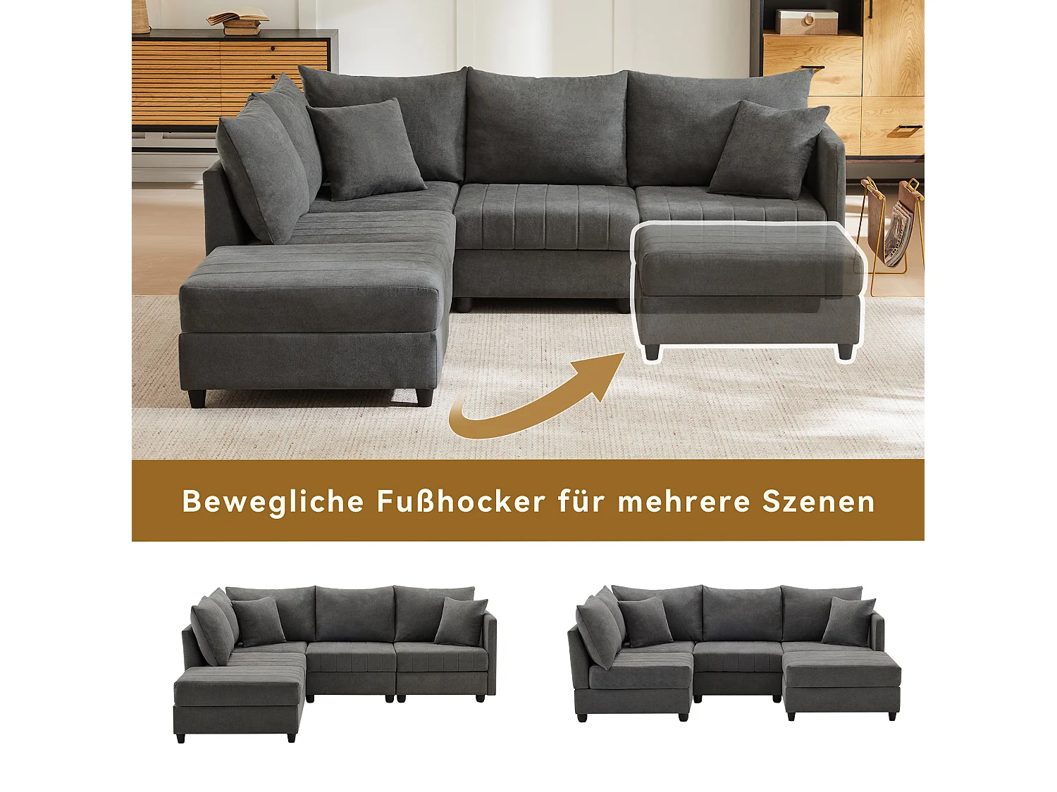 Canapé modulable 5 places - 220 x 194 x 85 cm - avec repose-pieds convertible - Coton et lin - gris