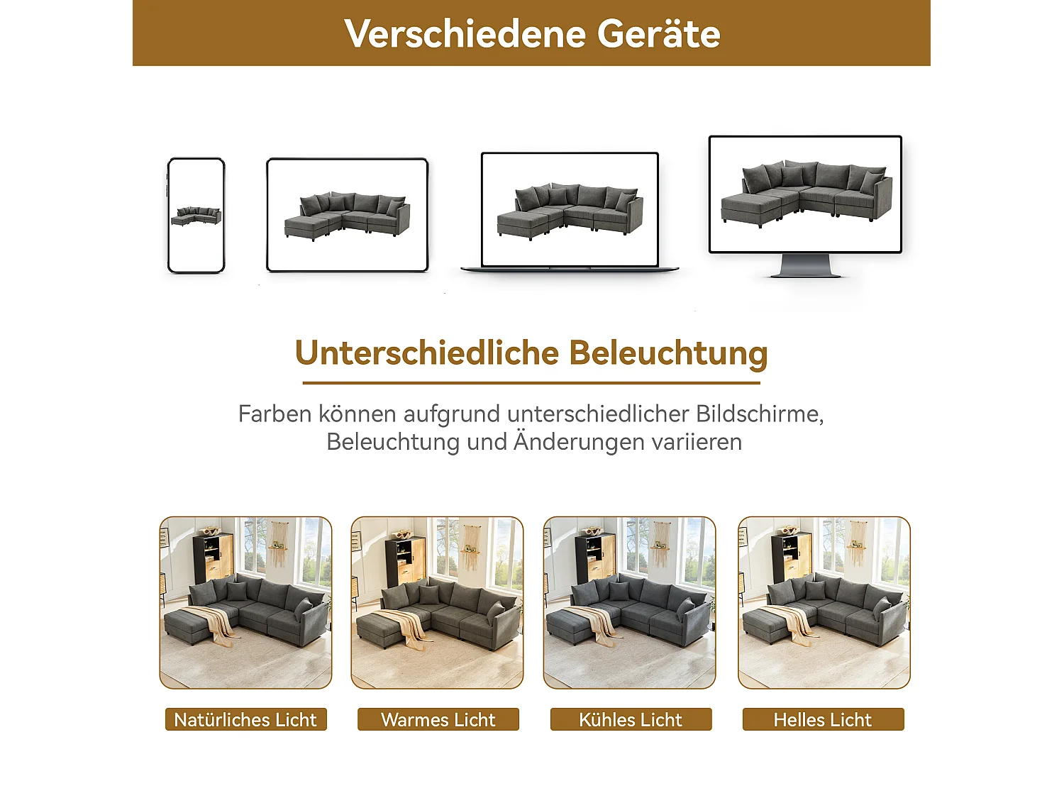 Canapé modulable 5 places - 220 x 194 x 85 cm - avec repose-pieds convertible - Coton et lin - gris