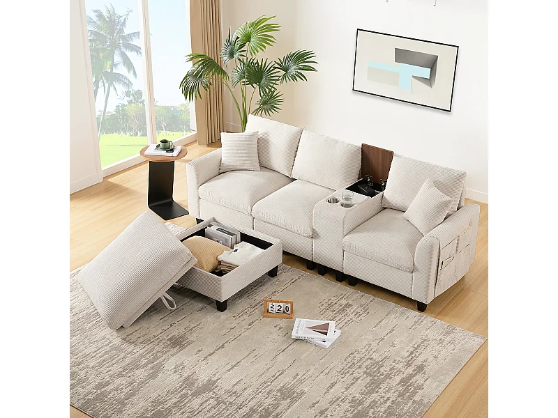 Modernes 4-Sitzer-Sofa mit Stauraum im Fußhocker, 2 Getränkehaltern und USB-Anschluss – 229 x 149,5 x 83 cm – Samt – beige