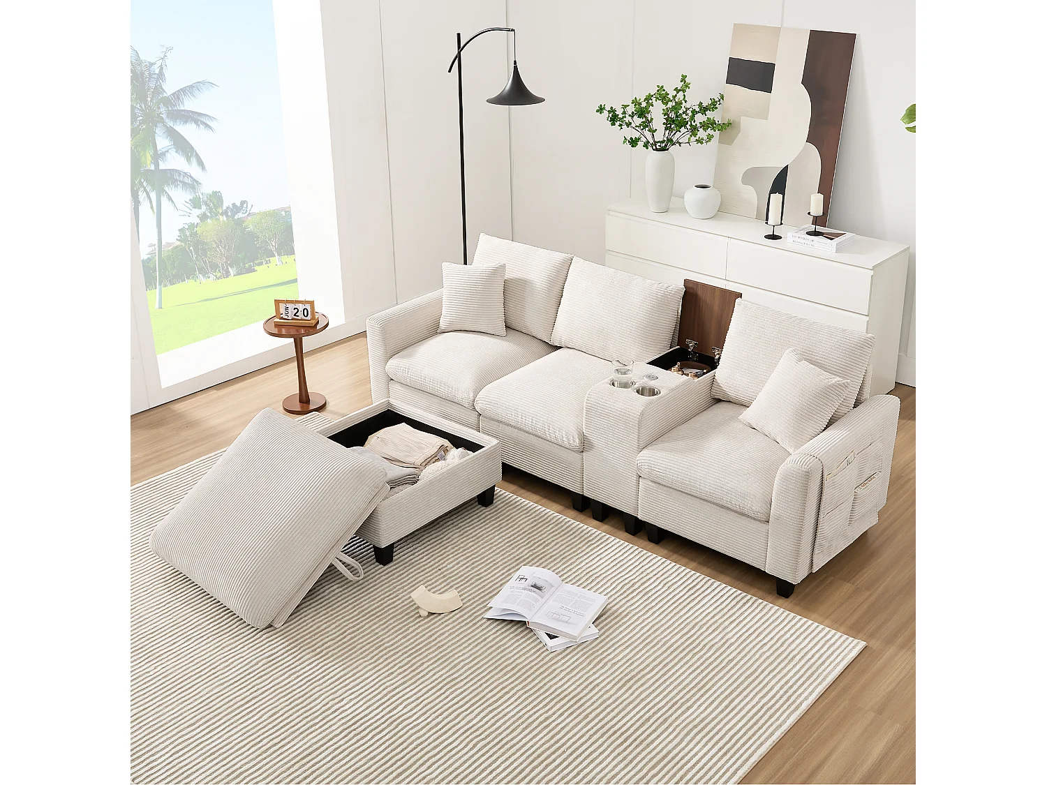 Moderne 4-zitsbank met opbergruimte voetenbank + 2 bekerhouders + USB-aansluiting - 229 x 149,5 x 83 cm - Fluweel - beige