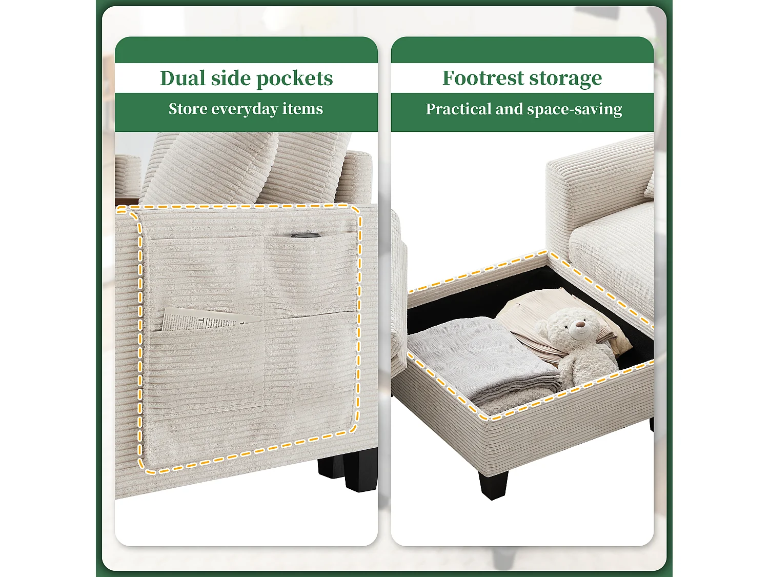 Moderne 4-zitsbank met opbergruimte voetenbank + 2 bekerhouders + USB-aansluiting - 229 x 149,5 x 83 cm - Fluweel - beige