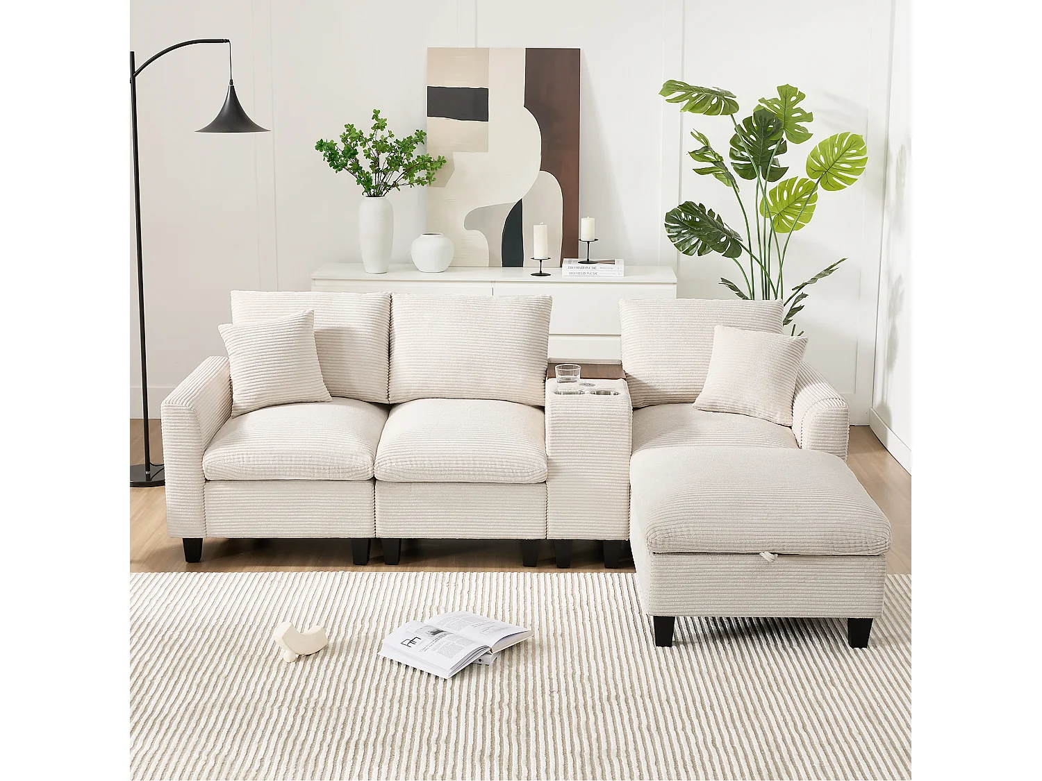 Canapé moderne 4 places avec repose-pieds de rangement + 2 porte-gobelets + USB - 229 x 149.5 x 83 cm - Velours - beige