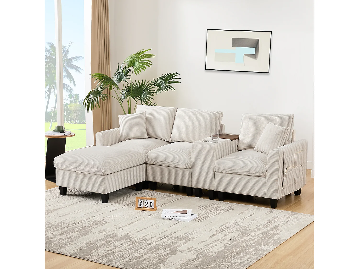 Canapé moderne 4 places avec repose-pieds de rangement + 2 porte-gobelets + USB - 229 x 149.5 x 83 cm - Velours - beige