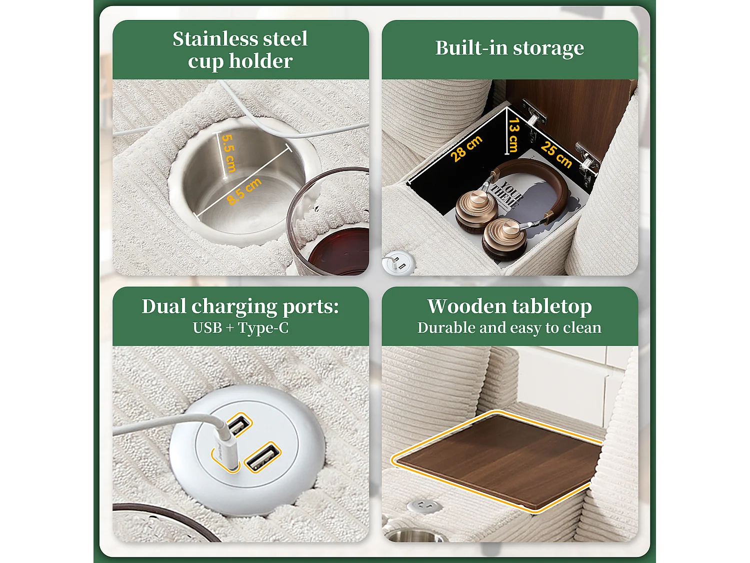 Canapé moderne 4 places avec repose-pieds de rangement + 2 porte-gobelets + USB - 229 x 149.5 x 83 cm - Velours - beige