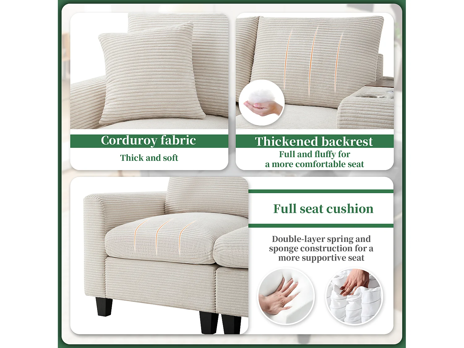 Canapé moderne 4 places avec repose-pieds de rangement + 2 porte-gobelets + USB - 229 x 149.5 x 83 cm - Velours - beige