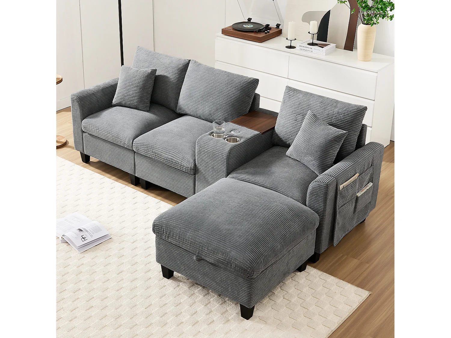 Canapé moderne 4 places avec repose-pieds de rangement + 2 porte-gobelets + USB - 229 x 149.5 x 83 cm - Velours - gris