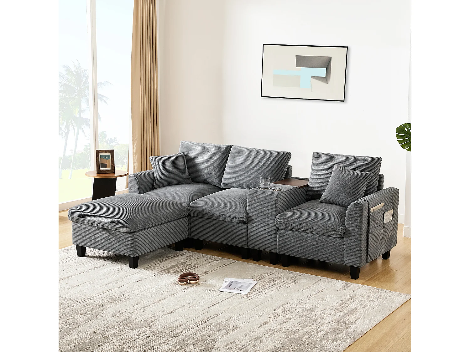 Canapé moderne 4 places avec repose-pieds de rangement + 2 porte-gobelets + USB - 229 x 149.5 x 83 cm - Velours - gris