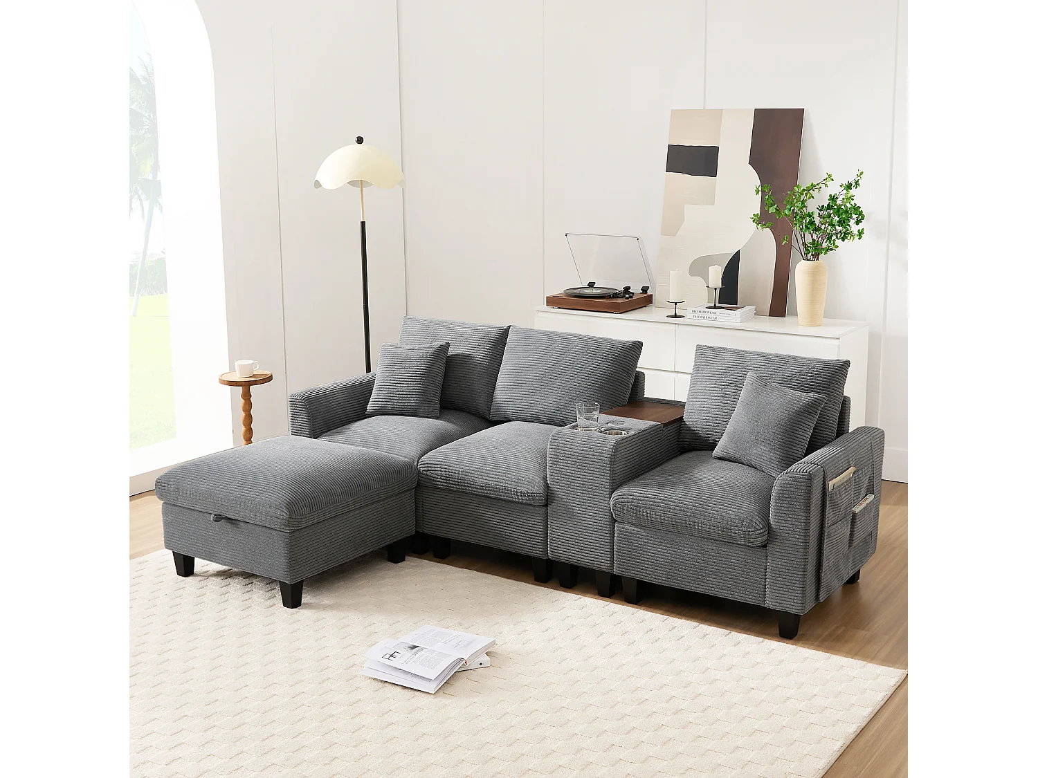Canapé moderne 4 places avec repose-pieds de rangement + 2 porte-gobelets + USB - 229 x 149.5 x 83 cm - Velours - gris
