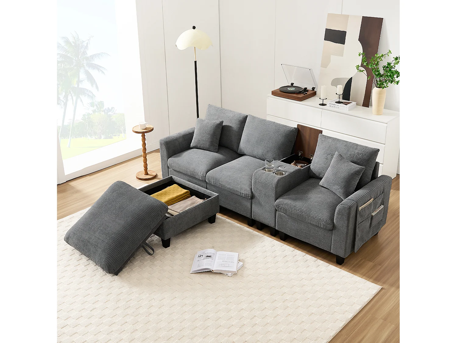 Canapé moderne 4 places avec repose-pieds de rangement + 2 porte-gobelets + USB - 229 x 149.5 x 83 cm - Velours - gris
