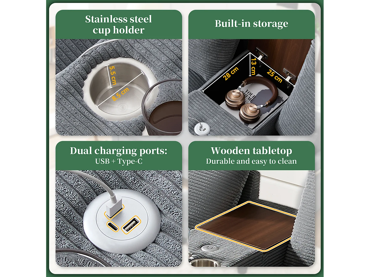 Canapé moderne 4 places avec repose-pieds de rangement + 2 porte-gobelets + USB - 229 x 149.5 x 83 cm - Velours - gris