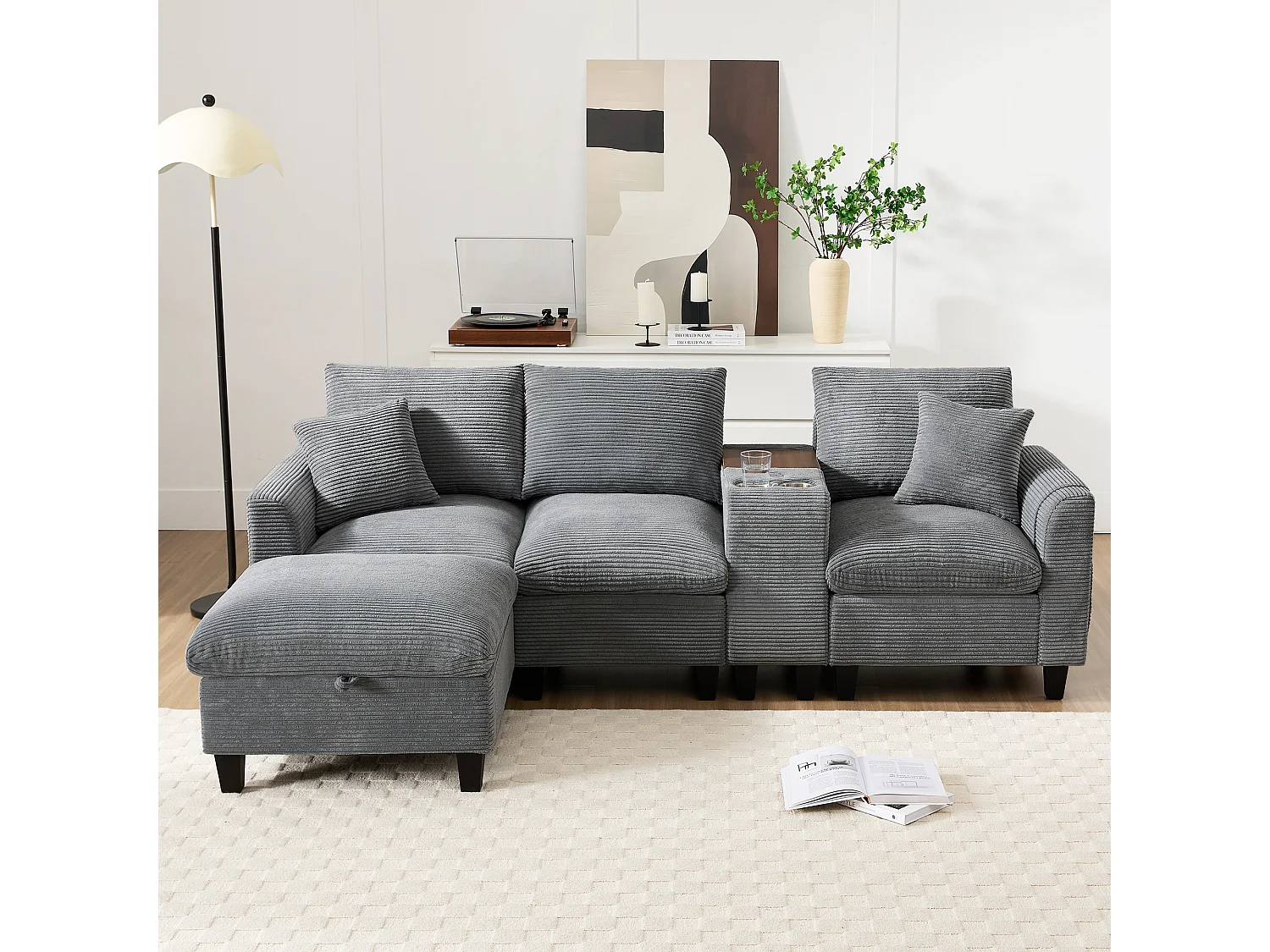 Canapé moderne 4 places avec repose-pieds de rangement + 2 porte-gobelets + USB - 229 x 149.5 x 83 cm - Velours - gris