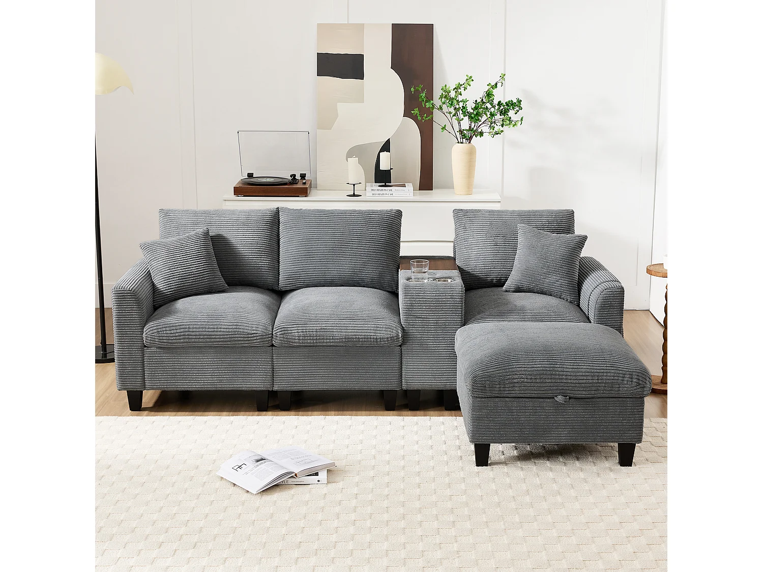 Canapé moderne 4 places avec repose-pieds de rangement + 2 porte-gobelets + USB - 229 x 149.5 x 83 cm - Velours - gris