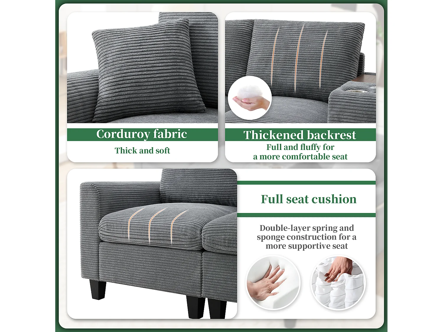 Canapé moderne 4 places avec repose-pieds de rangement + 2 porte-gobelets + USB - 229 x 149.5 x 83 cm - Velours - gris