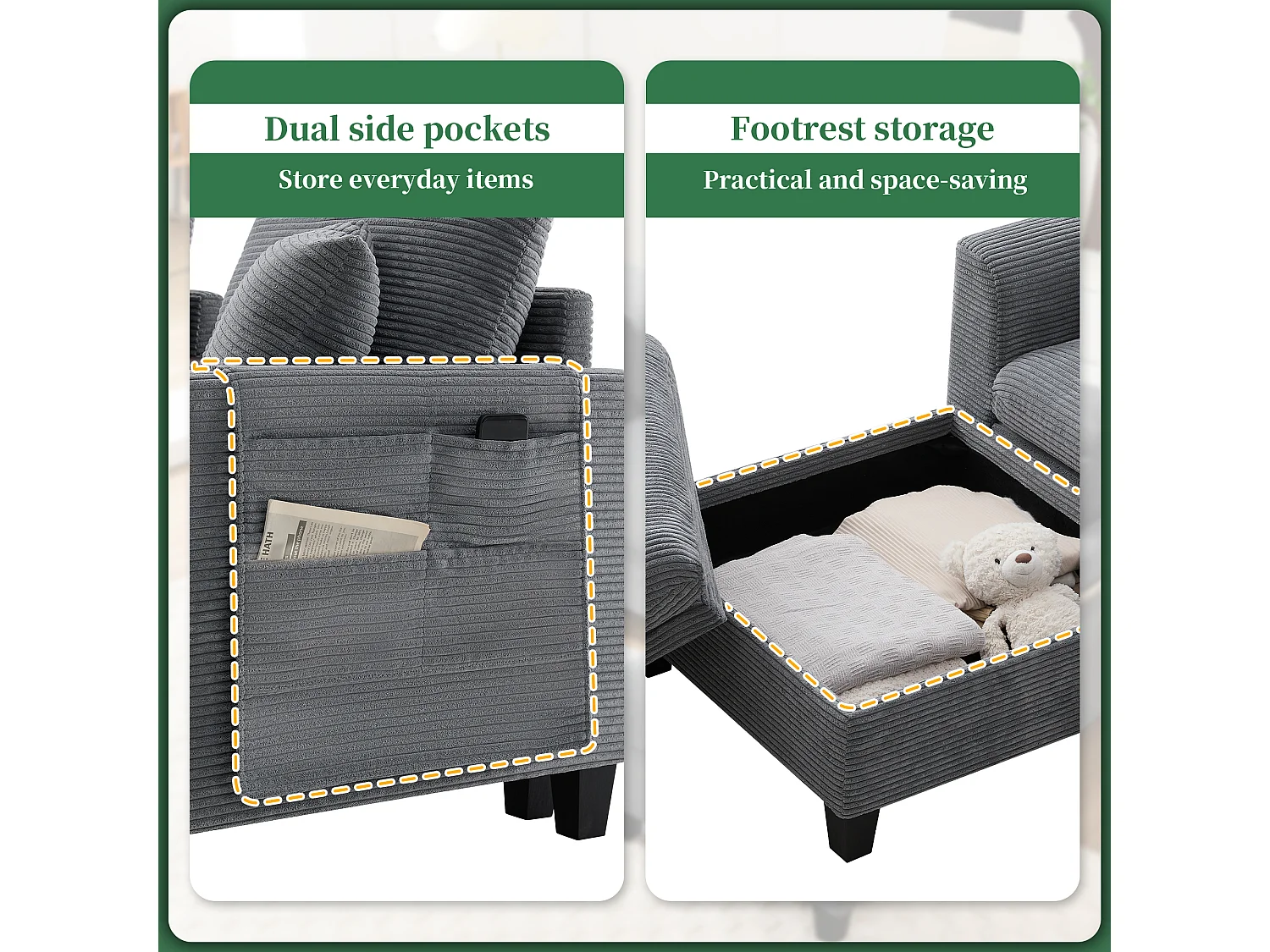 Canapé moderne 4 places avec repose-pieds de rangement + 2 porte-gobelets + USB - 229 x 149.5 x 83 cm - Velours - gris