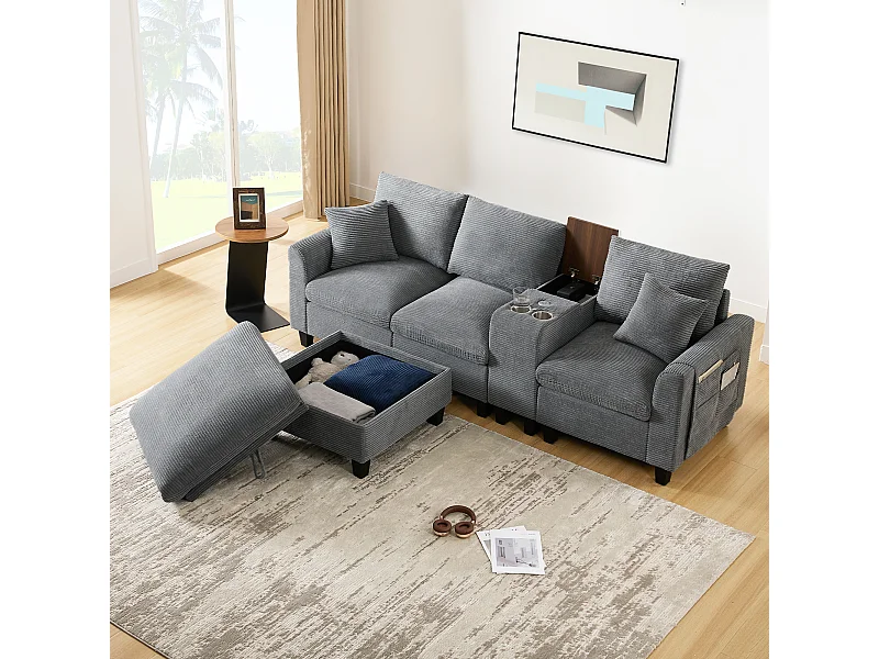 Sofá moderno de 4 lugares com apoio para os pés com espaço de armazenamento + 2 porta-copos + porta USB - 229 x 149,5 x 83 cm - Veludo - cinza