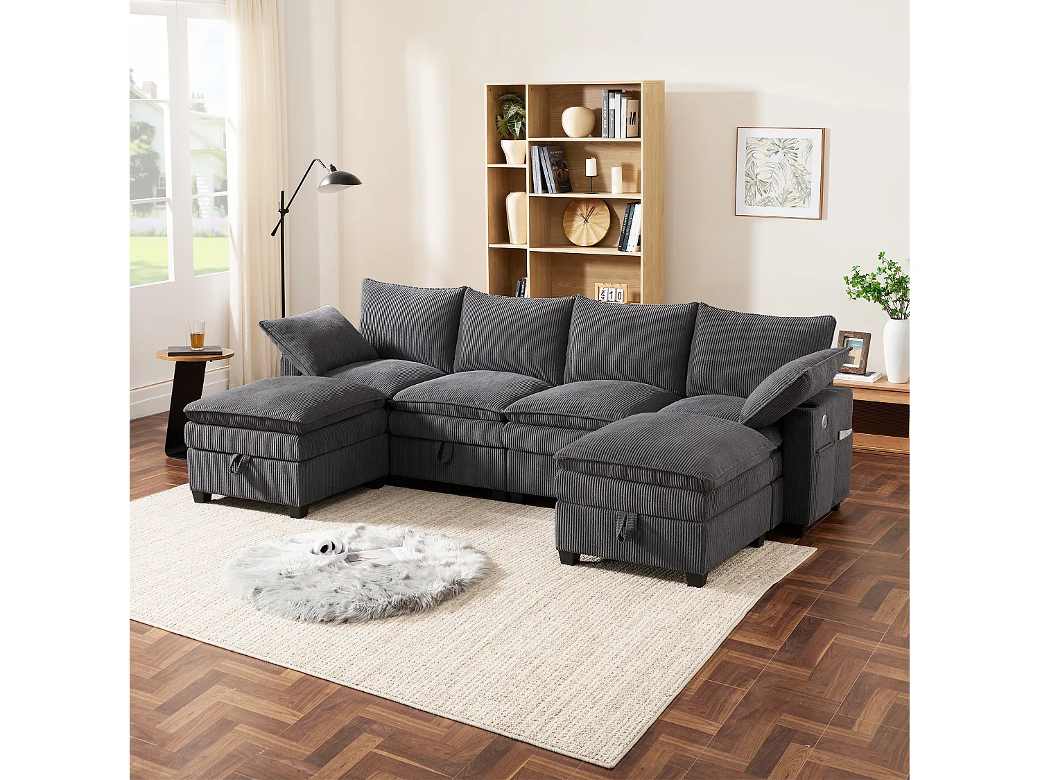 Modulares 6-Sitzer-Sofa mit Stauraum, abnehmbarer Fußstütze und USB-Anschlüssen – 280 x 152 x 83 cm – Samt – grau