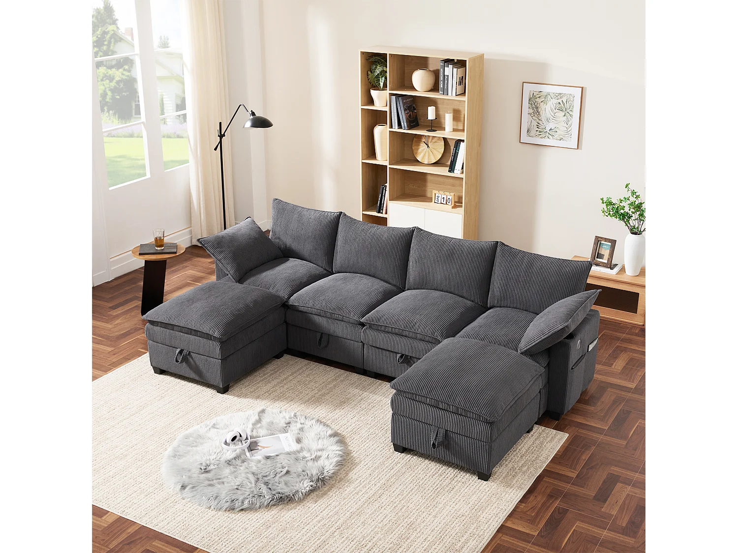 Modulares 6-Sitzer-Sofa mit Stauraum, abnehmbarer Fußstütze und USB-Anschlüssen – 280 x 152 x 83 cm – Samt – grau