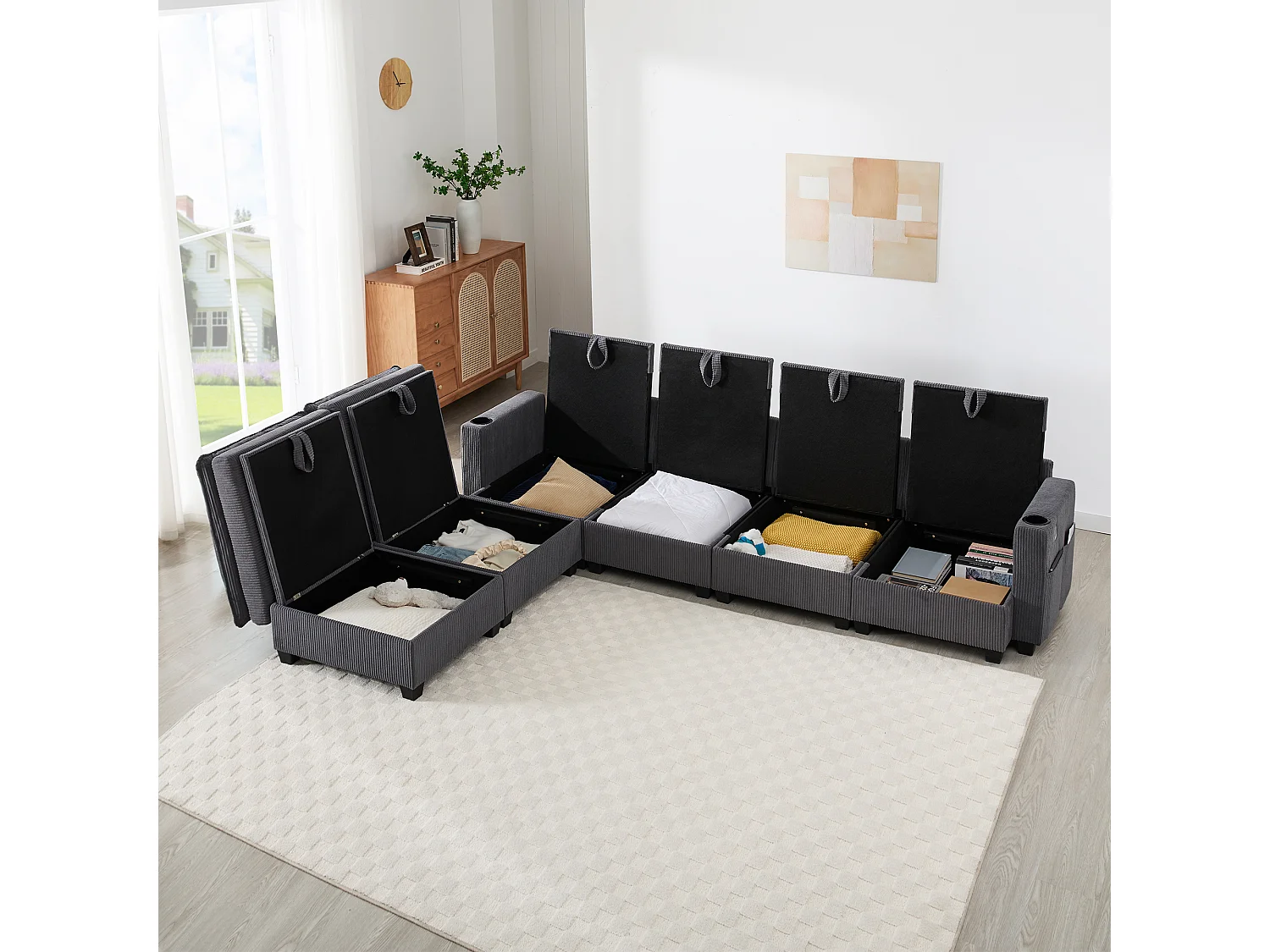 Modulares 6-Sitzer-Sofa mit Stauraum, abnehmbarer Fußstütze und USB-Anschlüssen – 280 x 152 x 83 cm – Samt – grau
