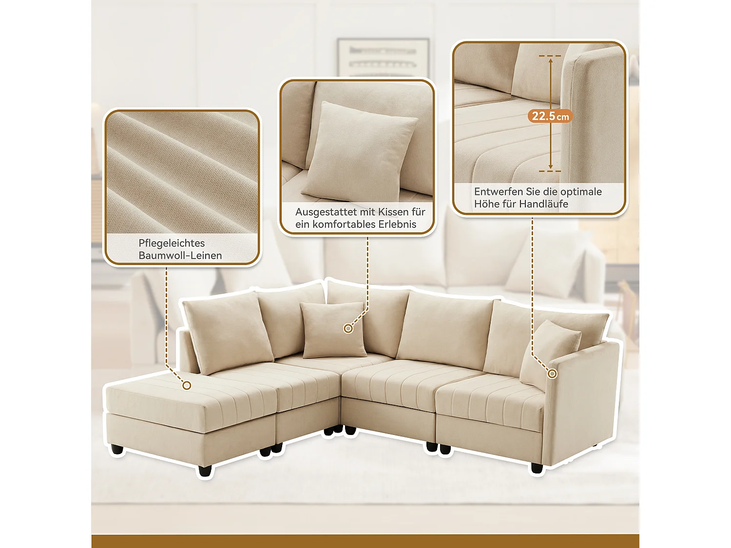 Canapé modulable 5 places - 220 x 194 x 85 cm - avec repose-pieds convertible - Coton et lin - beige