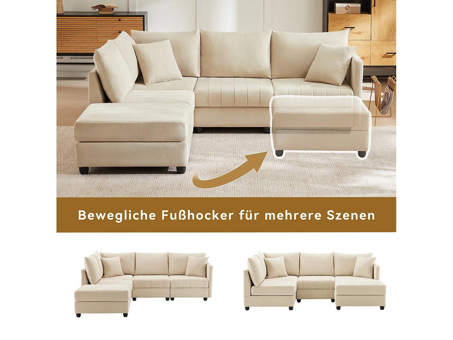 Canapé modulable 5 places - 220 x 194 x 85 cm - avec repose-pieds convertible - Coton et lin - beige