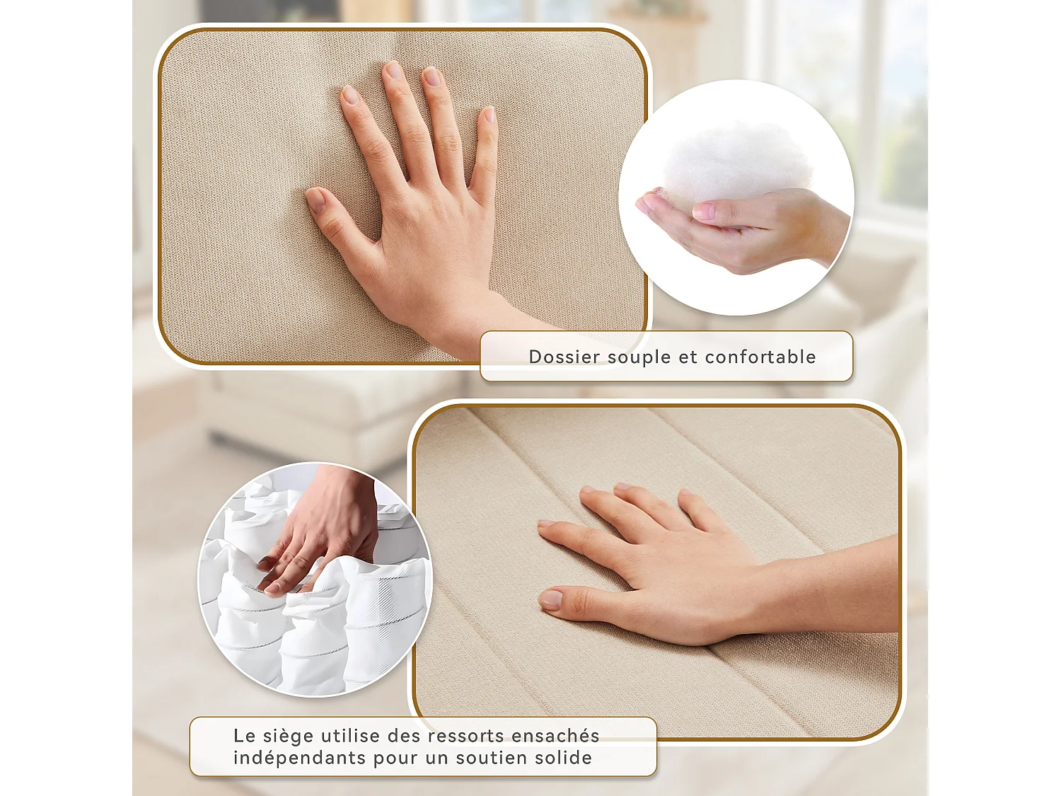 Canapé modulable 5 places - 220 x 194 x 85 cm - avec repose-pieds convertible - Coton et lin - beige