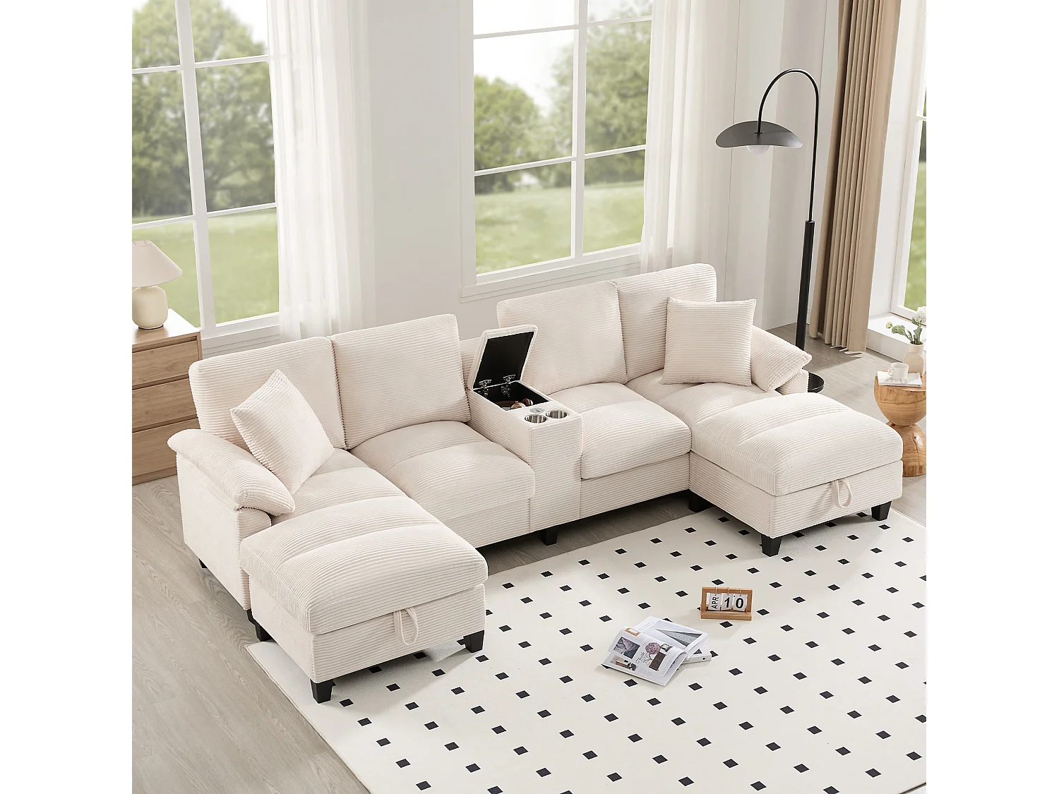 Sofá esquinero de 4 plazas en forma de U con almacenaje, portavasos y puertos USB - 293 x 142 x 93 cm - Terciopelo - beige