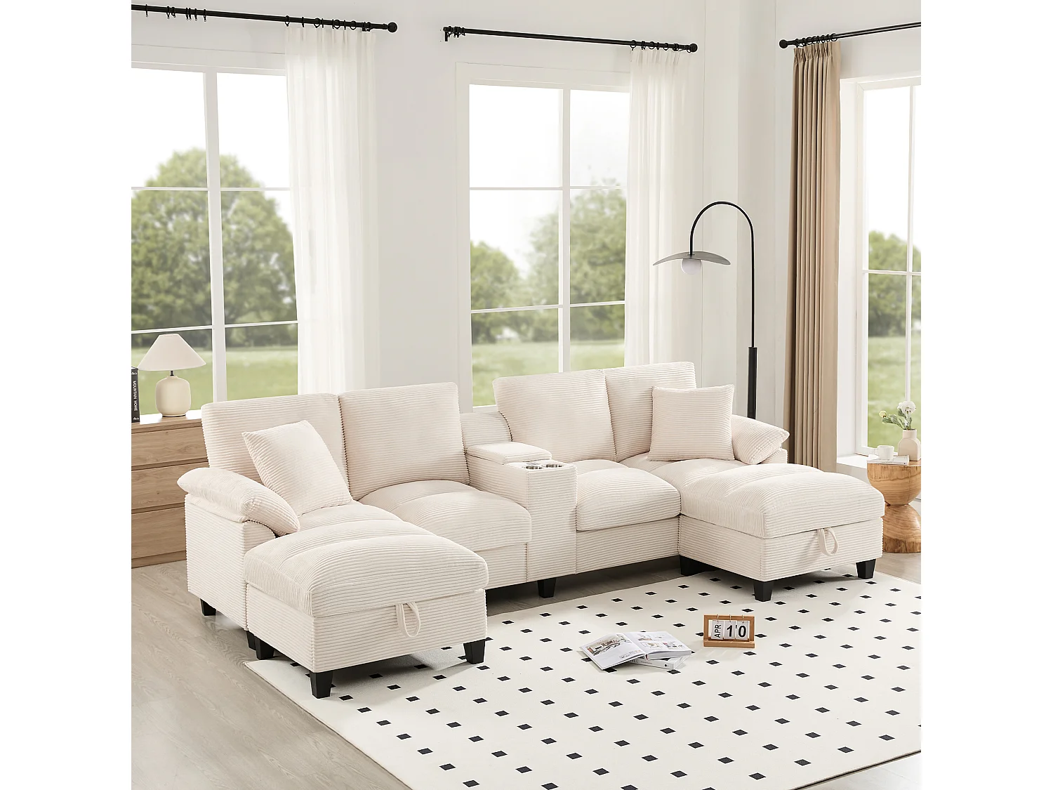 Sofá esquinero de 4 plazas en forma de U con almacenaje, portavasos y puertos USB - 293 x 142 x 93 cm - Terciopelo - beige