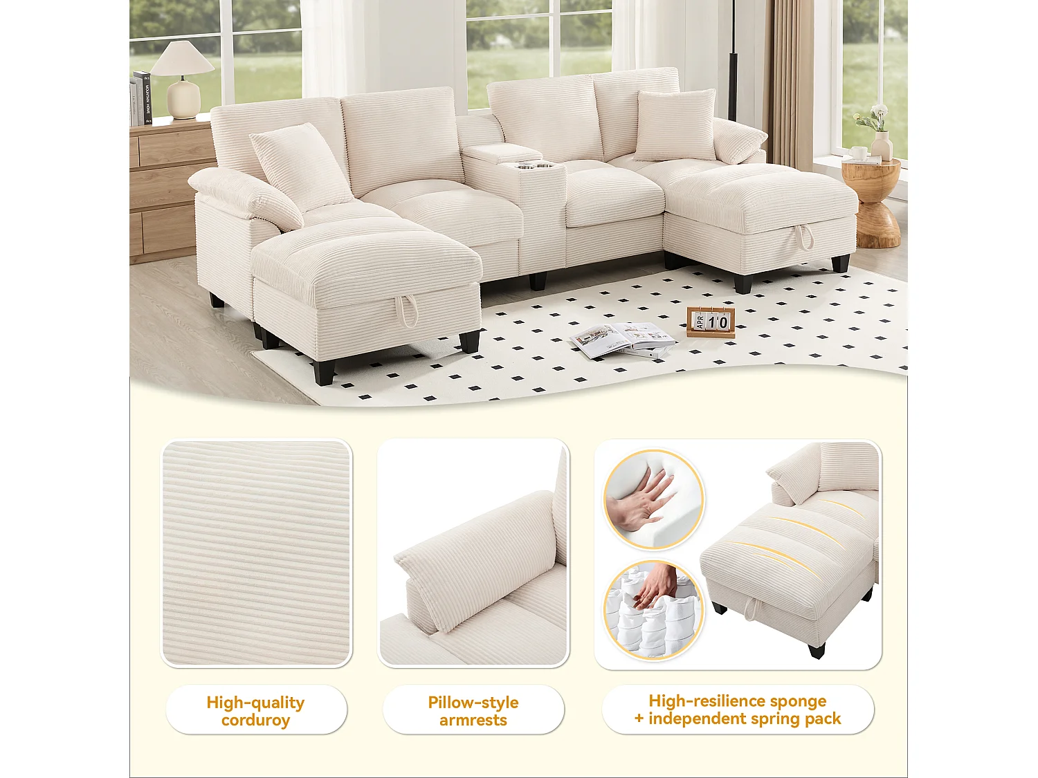 Sofá esquinero de 4 plazas en forma de U con almacenaje, portavasos y puertos USB - 293 x 142 x 93 cm - Terciopelo - beige