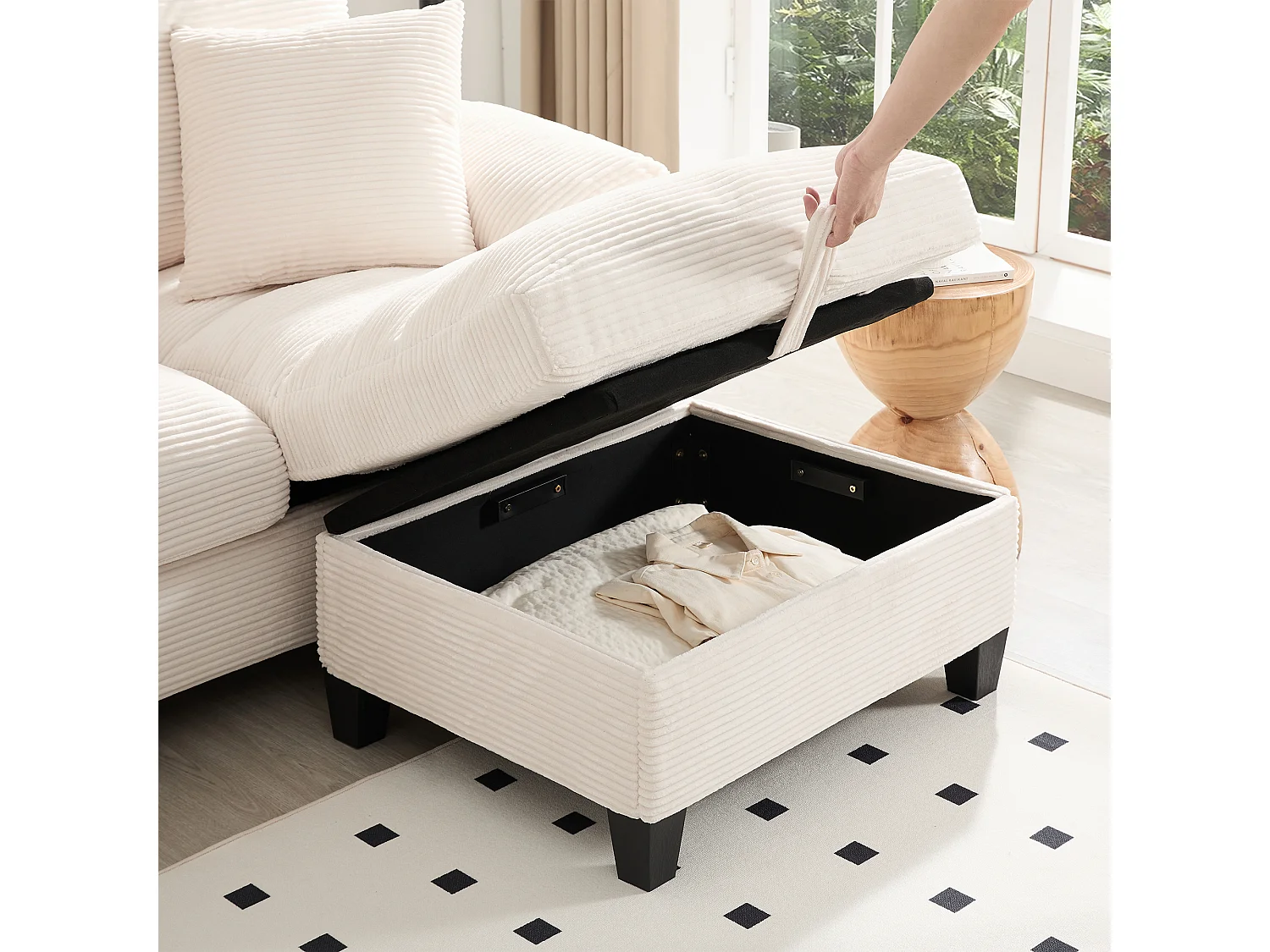 Canapé 4 places en forme de U avec rangement + porte-gobelets + ports USB - 293 x 142 x 93 cm - Velours - beige