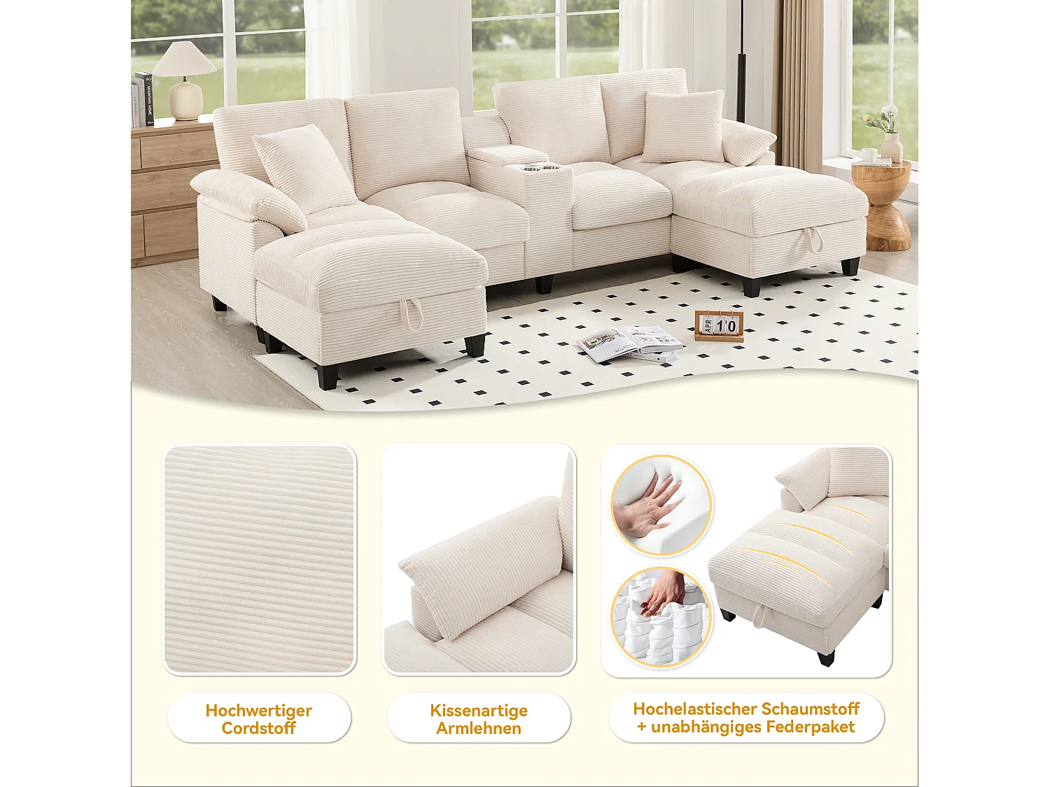 Canapé 4 places en forme de U avec rangement + porte-gobelets + ports USB - 293 x 142 x 93 cm - Velours - beige