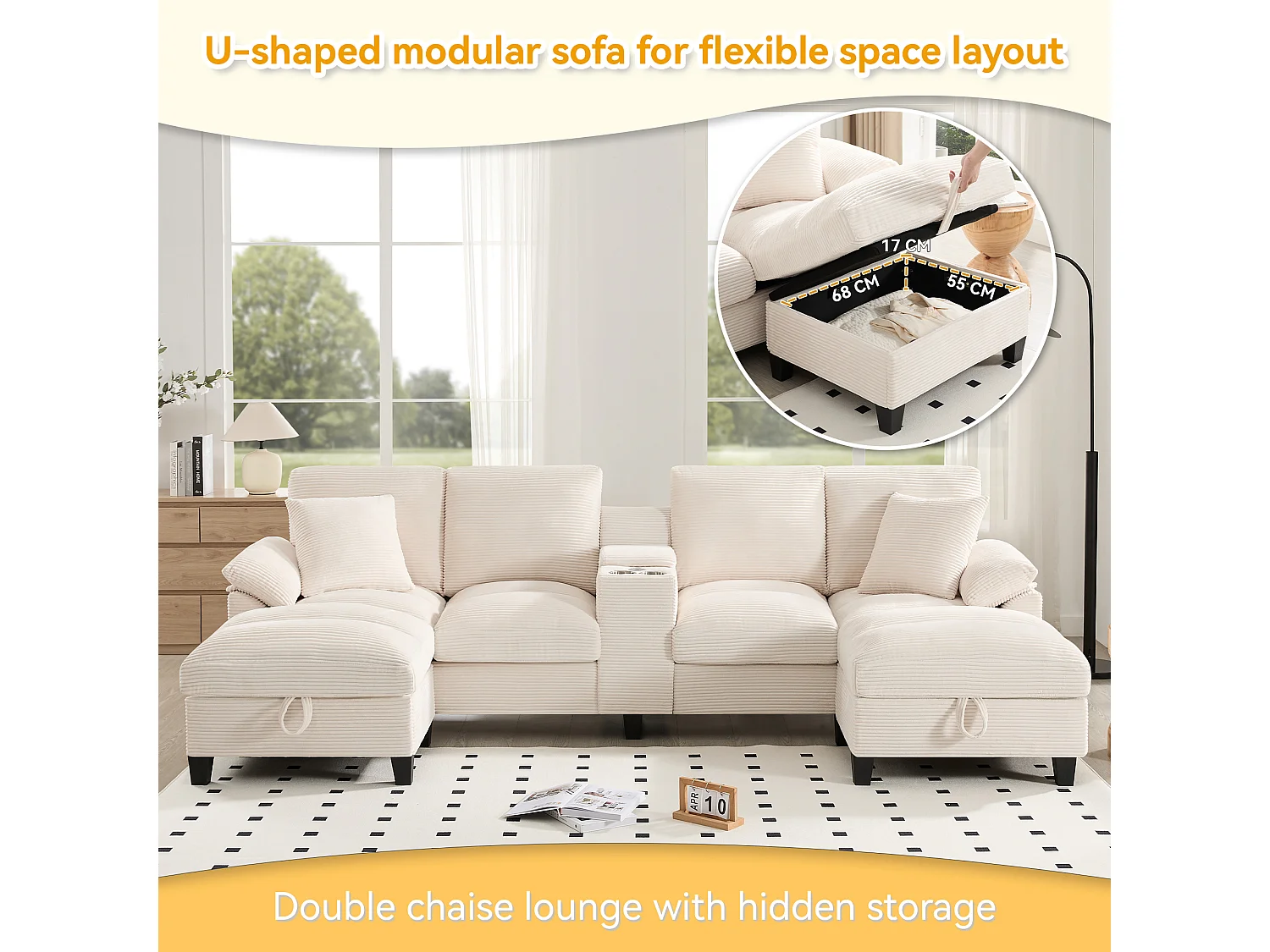 Canapé 4 places en forme de U avec rangement + porte-gobelets + ports USB - 293 x 142 x 93 cm - Velours - beige