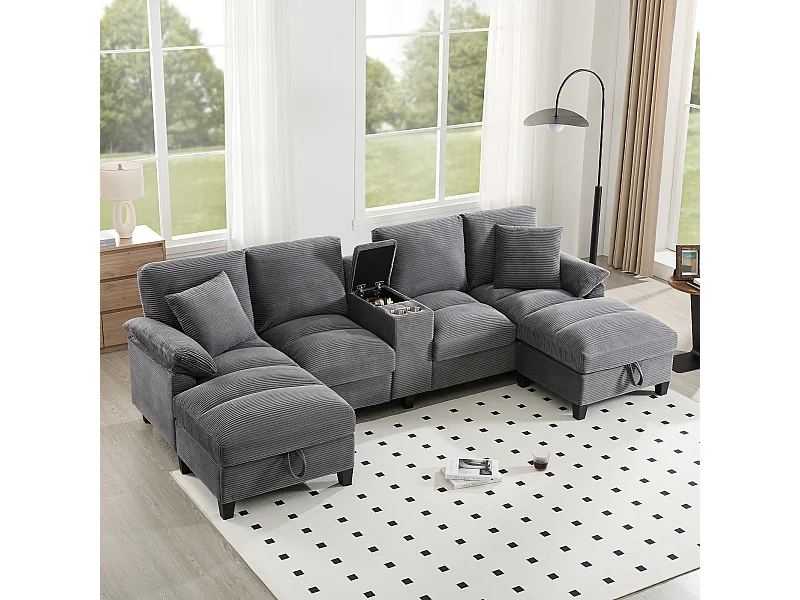 Canapé 4 places en forme de U avec rangement + porte-gobelets + ports USB - 293 x 142 x 93 cm - Velours - gris