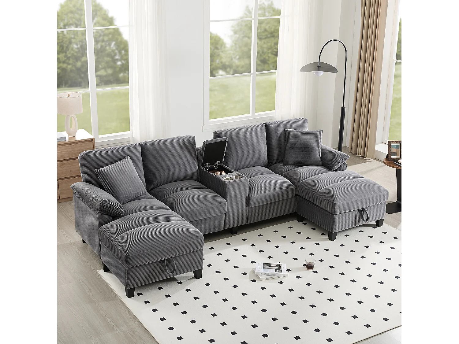 Canapé 4 places en forme de U avec rangement + porte-gobelets + ports USB - 293 x 142 x 93 cm - Velours - gris