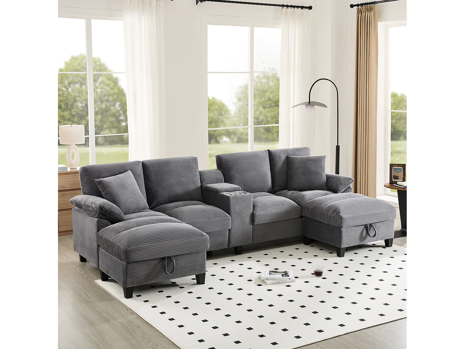 Canapé 4 places en forme de U avec rangement + porte-gobelets + ports USB - 293 x 142 x 93 cm - Velours - gris