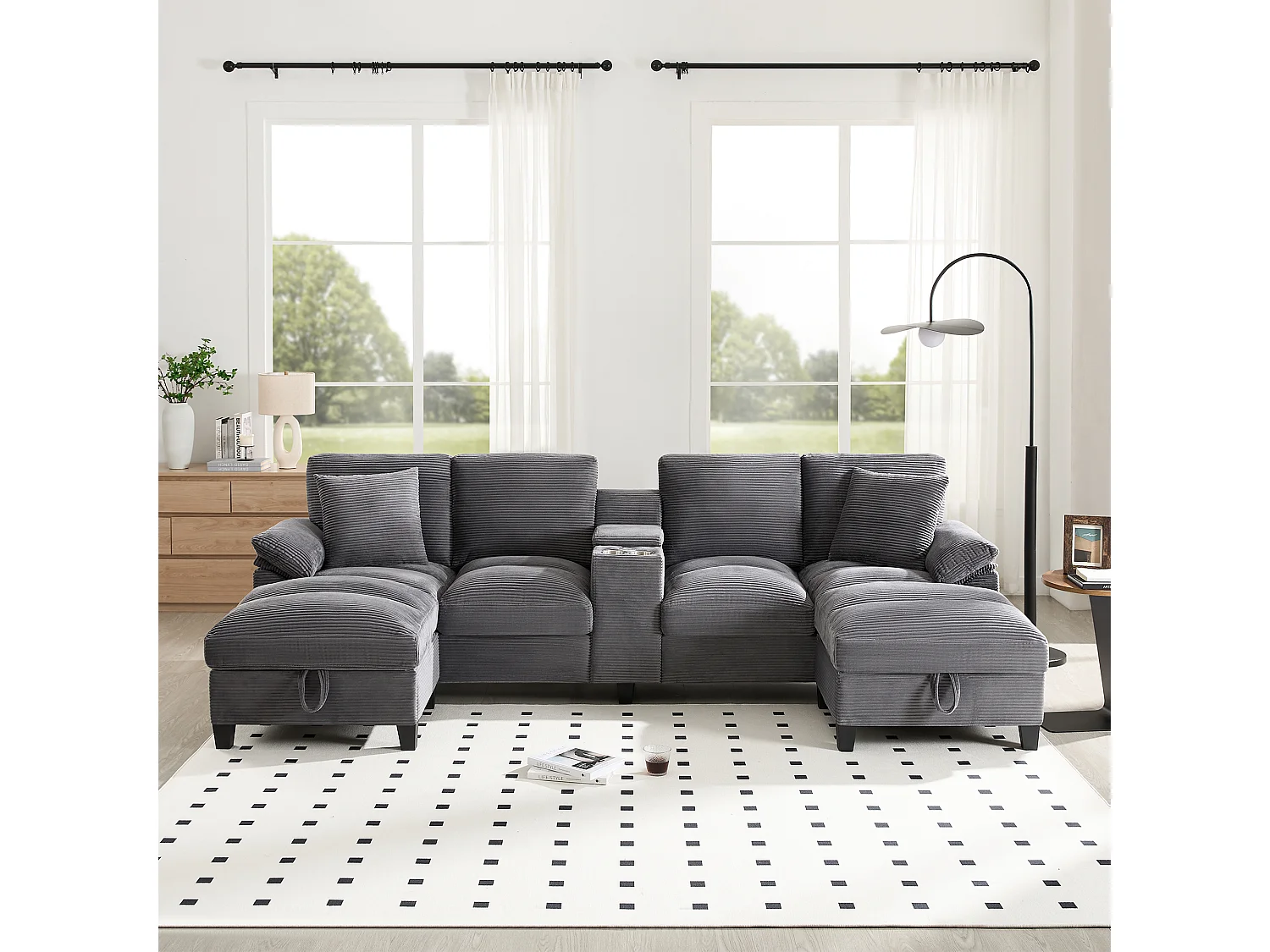 Canapé 4 places en forme de U avec rangement + porte-gobelets + ports USB - 293 x 142 x 93 cm - Velours - gris