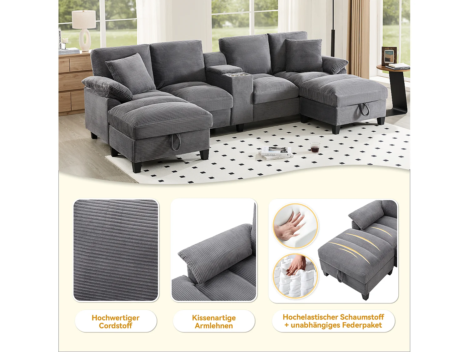 Canapé 4 places en forme de U avec rangement + porte-gobelets + ports USB - 293 x 142 x 93 cm - Velours - gris