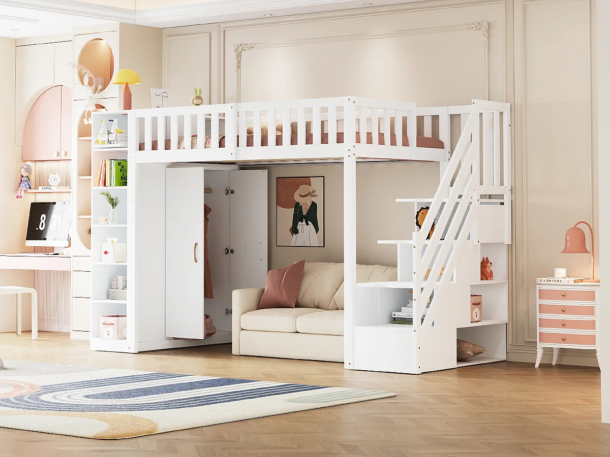 Lit mezzanine enfant - 90 x 200 cm - avec étagères + armoire + échelle de rangement - bois - blanc