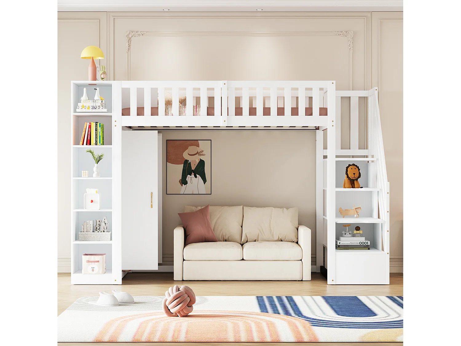 Letto a soppalco per bambini - 90 x 200 cm - con ripiani + armadio + scala portaoggetti - legno - bianco